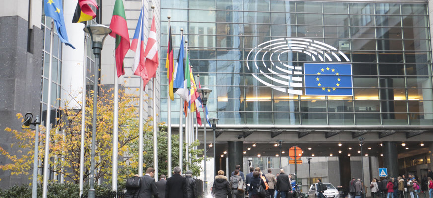 Europaparlamentets entré, stora glaspartier, medlemsflaggor, personer i formell klädsel skyndar in och ut.
