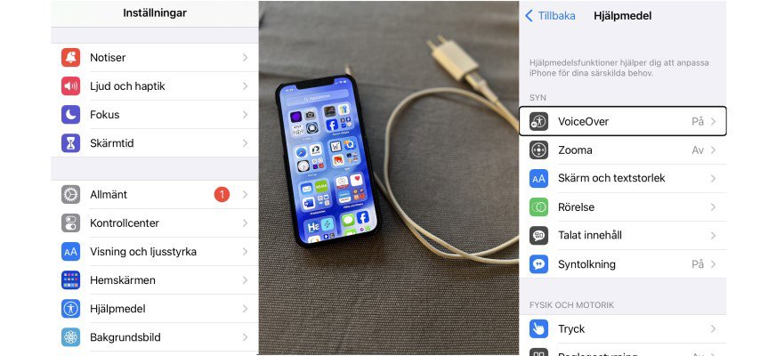 Vänsterbilden visar en inställningsmeny på en IPhone. Menyalternativen är bland annat "Allmänt" och "Hjälpmedel". Mittenbilden visar en IPhone med flera appar bland annat Facebook, Word och Kivra. Till höger om telefonen ligger en vit laddningssladd. Bilden till höger visar en del av hjälpmedelinställningarna på en IPhone. Under kategorin "Syn" finns bland annat alternativen "VoiceOver", "Zooma" och "Syntolkning". Under kategorin "Fysik och motorik" finns alternativen "Tryck" och "Reglagestyrning".