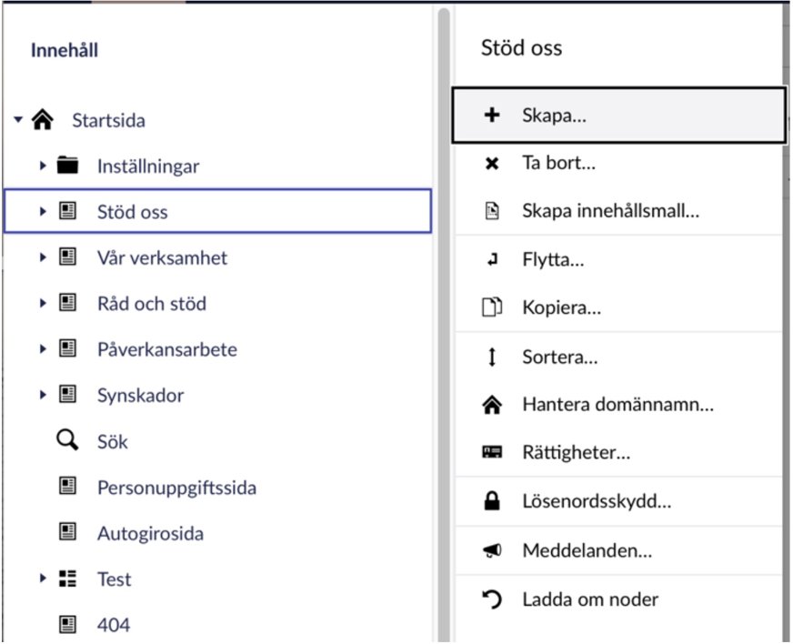 Under sidnamnet Stöd oss visar menyn alternativen Skapa, ta bort, skapa innehållsmall, flytta, kopiera, sortera, handlar domännamn, rättigheter, lösenordsskydd, meddelanden och ladda om noder.