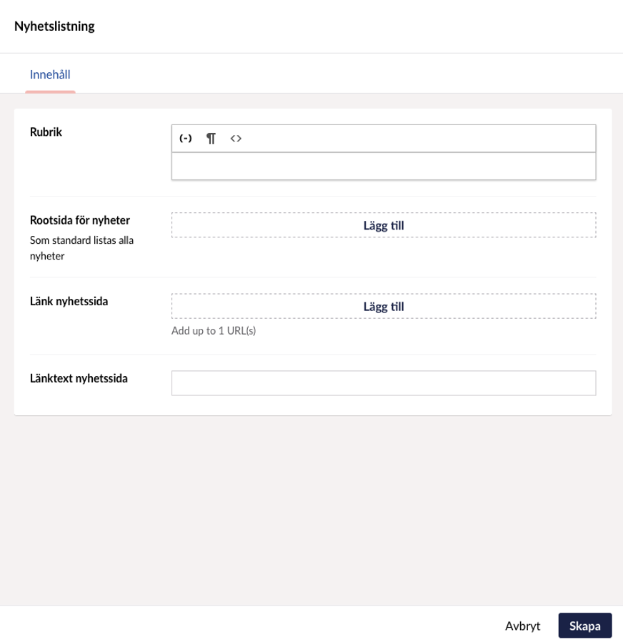 Skärmbild av redigeringspanelen för infogning av nyhetslista.