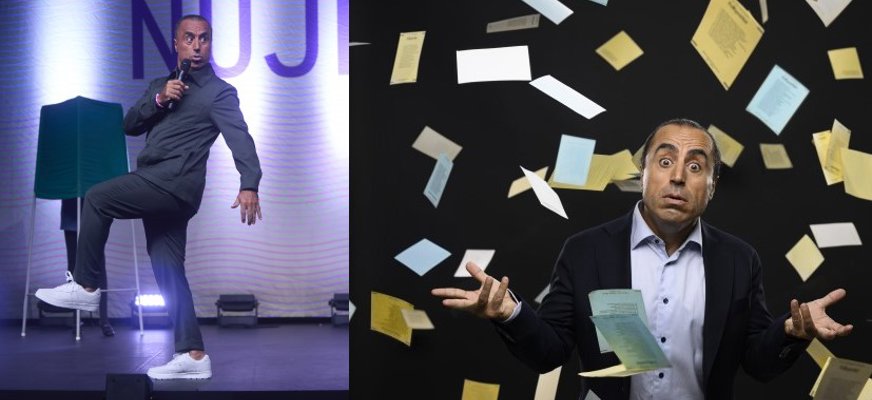 Bild 1: Özz Nujen står på en scen med mikrofon i handen och ett ben lyft. Han har mörka kläder och vita sneakers. Bakom honom syns två personer i varsitt valbås där man bara ser deras ben. Bakgrunden är upplyst i blått och lila. Med stora bokstäver står det "NUJEN". Foto: Peter Knutson Bild 2: Özz är klädd i kostym och står med armarna utsträckta och med chockad eller förvånad uppsyn. Runt honom mot en svart bakgrund svävar och faller massor av gula, blå och vita valsedlar. Foto: Sören Vilks