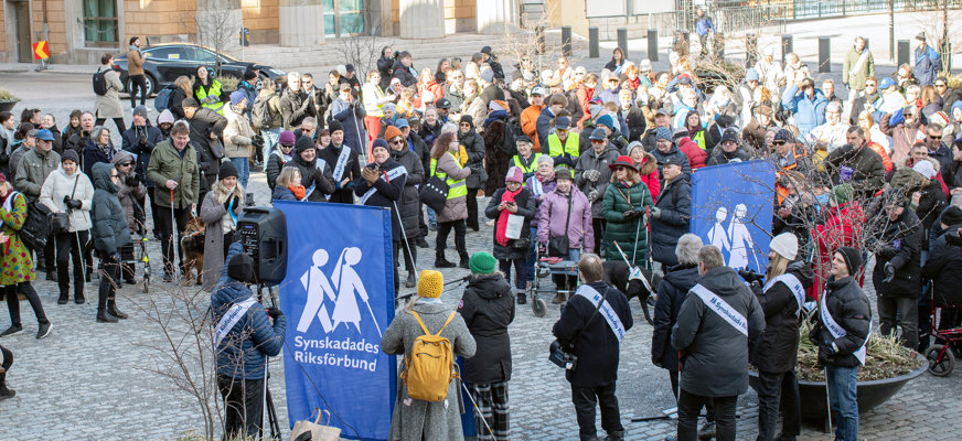 En stor grupp människor samlade på ett torg. Flaggor med SRF-logotyp syns i förgrunden.