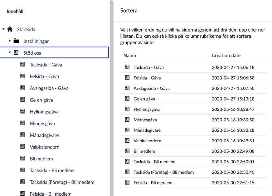 Dialogen för sortering placerar sig direkt till höger om (efter) sidträdet.