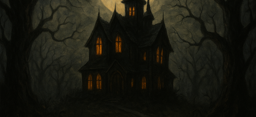 Ett stort spökligt hus i en kuslig skog. Det lyser i fönstren. Fullmånen syns bakom taket på husets högsta torn. I förgrunden lyser två halloweenpumpor