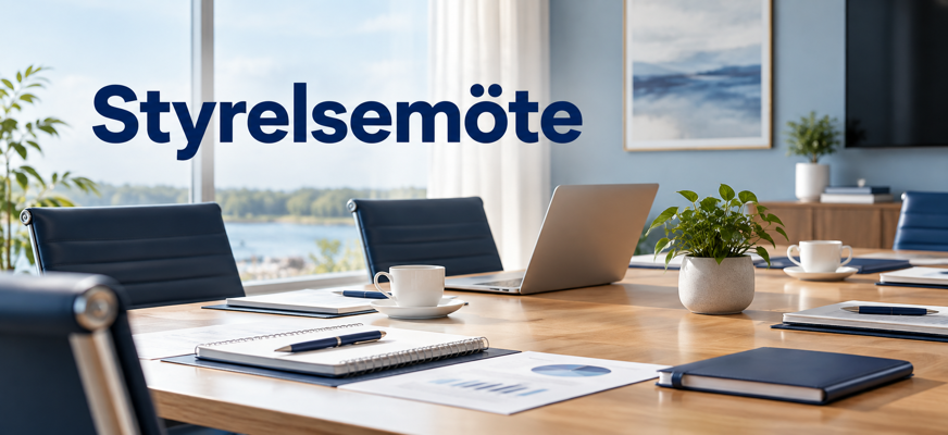 Ljust konferensrum med ett stort mötesbord, tomma stolar, laptop, anteckningsblock, pennor, kaffekoppar och dokument framlagda inför ett styrelsemöte.
