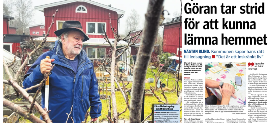 En skärmavbild från E-tidningen Mitti. Till vänster en bild på Göran, som bär en blå jacka, svart hatt och håller i en vit käpp. Han står i en trädgård. Till höger syns rubriken "Synskadade Göran tar strid för att kunna lämna hemmet".