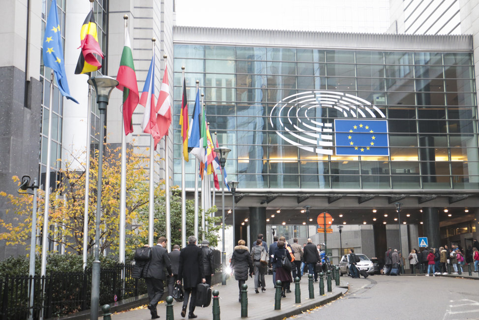 Europeiska unionens parlamentsbyggnad omgiven av europeiska flaggor.