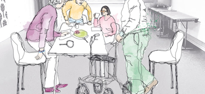 Edit Illustration Foreningsmote Flera Samlade Runt Bord En Man Med Rullator Puff on SRF Värmlands Län