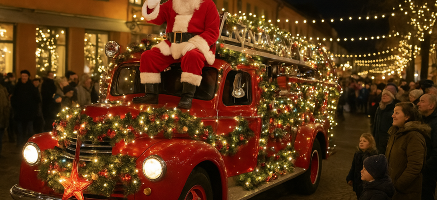 Bilden visar en gammaldags röd brandbil som är rikt dekorerad med julbelysning, glitter och granris. Längst fram på stegen sitter en glad tomte och vinkar till åskådare längs gatan, där människor i vinterkläder står och ler. Kvällen är upplyst av varma ljusslingor som ger en mysig julstämning.