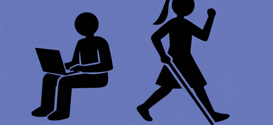 SRF Logotyp. Figurer i vitt med blå bakgrund. Figur1 sitter med en laptop i knä. Figur2 står upp med vit käpp i höger hand