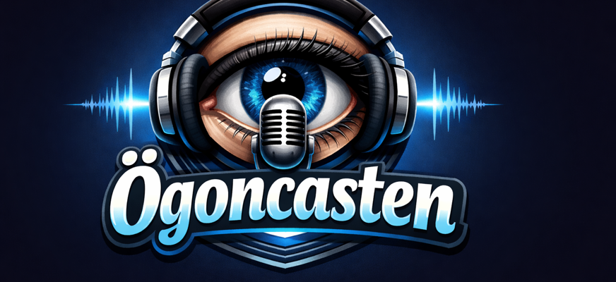 Logga för podcasten Ögoncasten med ett blått öga som bär hörlurar och en mikrofon framför, omgivet av ljudvågor på mörkblå bakgrund.