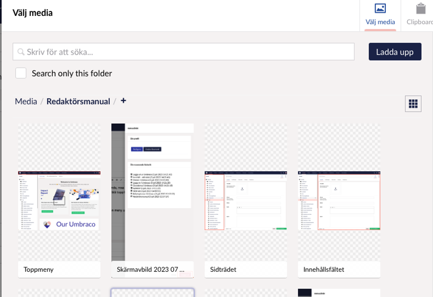 Dialogen Välj media innehåller en sökfunktion och därefter en lista med miniatyrer och filnamn för aktuell mapp i mediabiblioteket