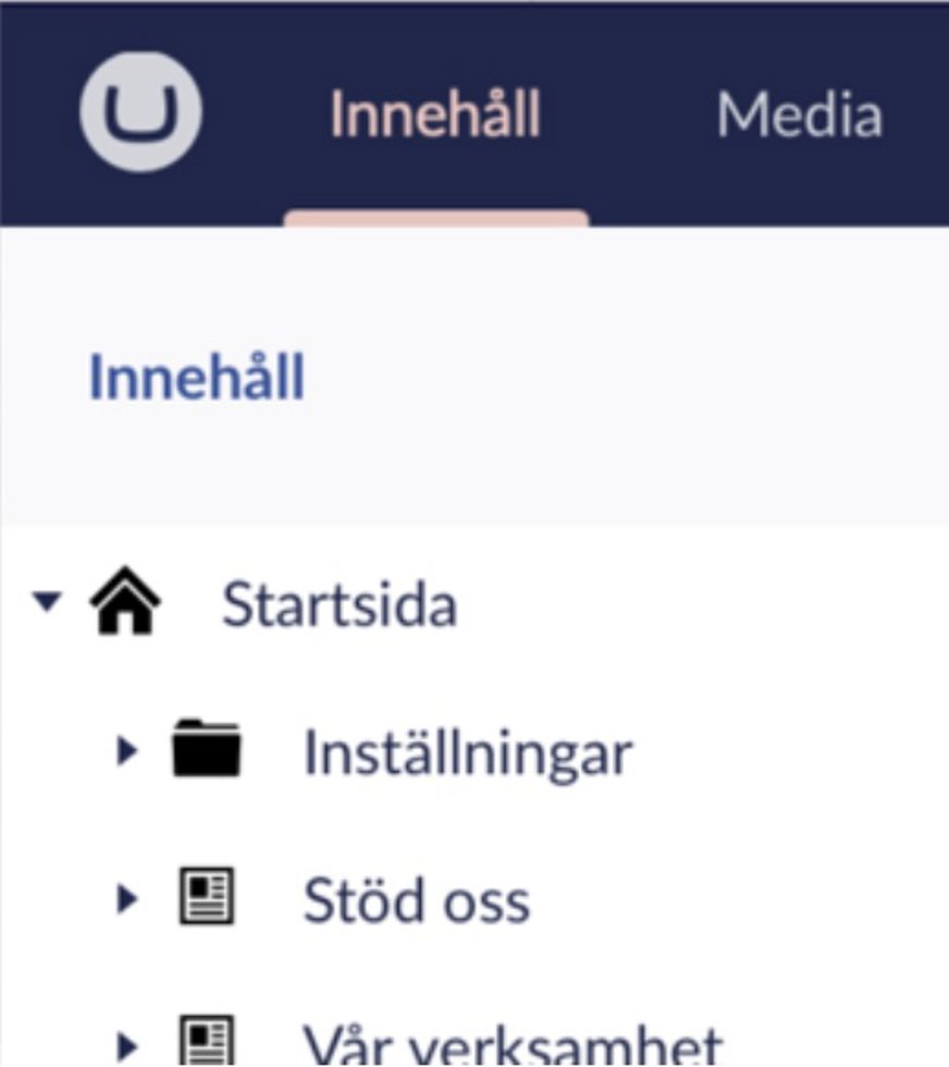 Sidträdet ligger under fliken Innehåll, visuellt längst till vänster på skärmen. Varje del av trädet har en liten ikon. Till exempel visas Startsida som ett litet hus och Inställningar som en mapp.