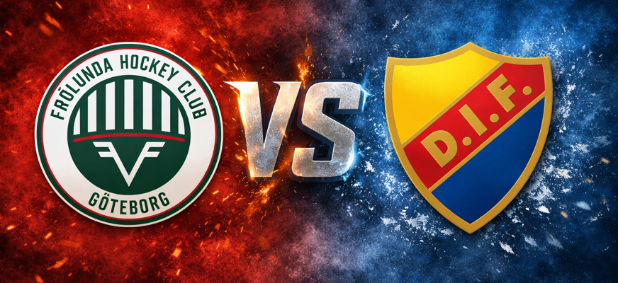 Matchgrafik med Frölunda Hockey Clubs gröna och vita logotyp till vänster och Djurgårdens IF:s gul-blå sköld till höger, med texten ”VS” i mitten mot en röd och blå dramatisk bakgrund.
