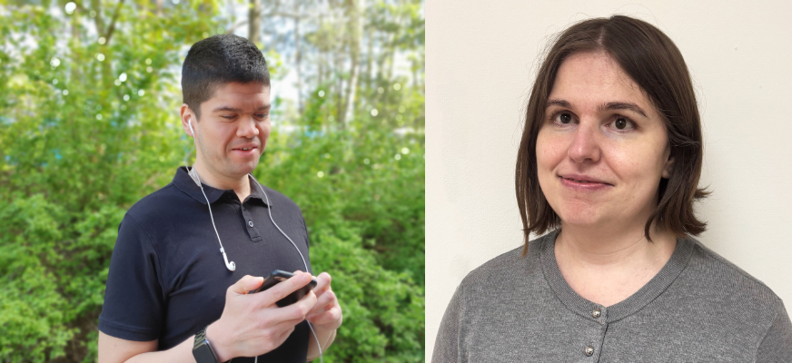 Till vänster: Claudio, en man med svart snaggat hår, pikétröja i samma färg. Han står i grönskande landskap med en mobiltelefon i handen och hörlur i ena örat. Till höger: Porträttbild på Belmina Koca, en mörkhårig kvinna med page och bruna ögon. Hon har en grå tröja och ler mot kameran.