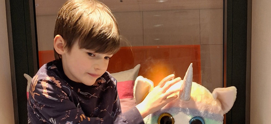 En pojke med brunt hår och en lila tröja med mönster klappar på en stor gosedjurskatt med ett enhörningshorn i pannan.