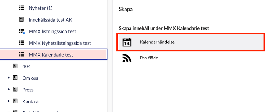 Alternativet kalenderhändelse finns under rubriken Skapa