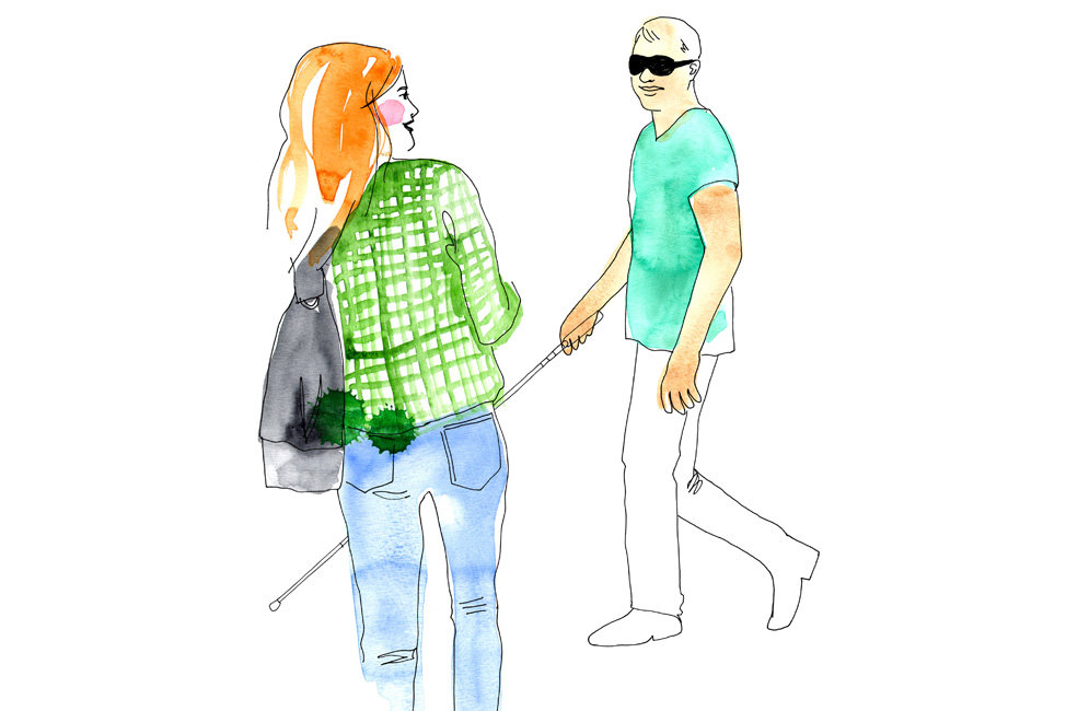 Illustration, kvinna tilltalar passerande man med käpp