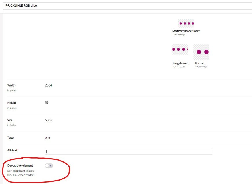 Skärmklipp redaktörsvy i Umbraco. Mediearkivet, fältet "Decorative element" inringat i rött.