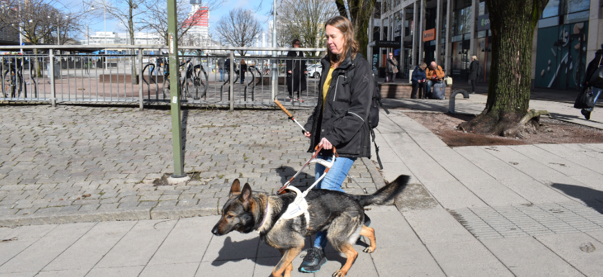 En kvinna går med en ledarhund i en stadsmiljö. Hon håller i hundens sele och använder samtidigt en vit käpp. I bakgrunden syns Göteborgs centralstation, träd, butiker och sittplatser.