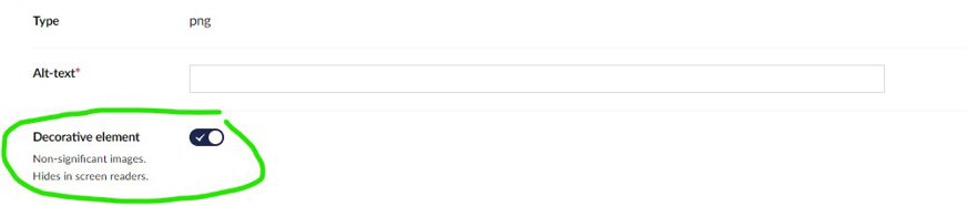 Skärmklipp redaktörsvy i Umbraco. Mediearkivet, fältet "Decorative element" aktiverat och inringat i grönt.