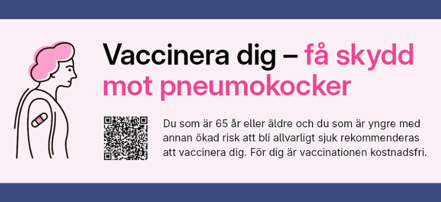 Till vänster syns en tecknad profil av en person med rosa hår, personen har ett plåster på överarmen. Till höger om denna syns en text om vaccination om pneumokocker, samt en QR-kod