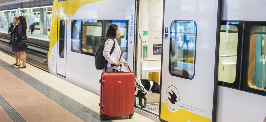 Kvinna med ledarhund och stor resväska kliver ombord arlanda express