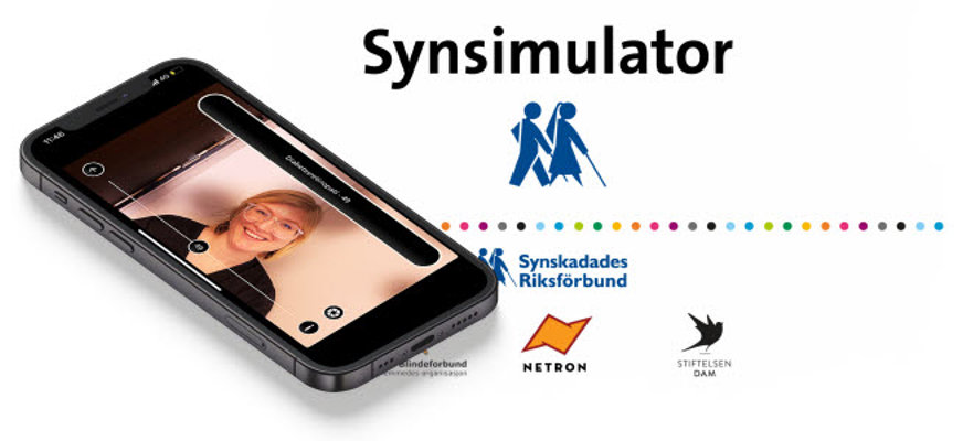 Ett kollage av appen Synsimulators startskärm och en iPhone. På skärmen syns Sofia Abrahamsson genom synsimulatorns filter diabetesretinopati.