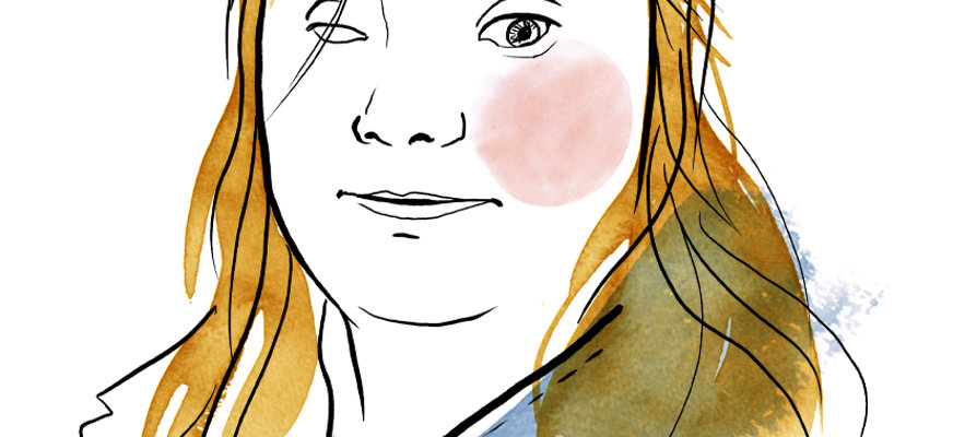 Illustration av Desideria med rödbrunt hår och en blåfärgad krage.