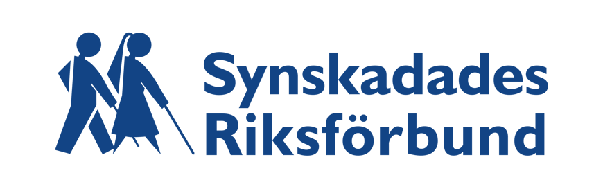 Logotyp Synskadades Riksförbund i mörkblått. Stiliserad man och kvinna med vit käpp i profil.