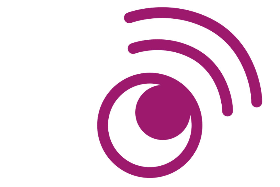Synpoddens symbol, stiliserat runt öga med ljudvågor.