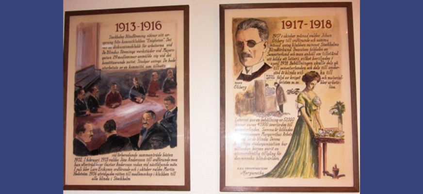 Två tavlor ståendes intill varandra, den till vänster avbildar en konferens från år 1913. Den till höger avbildar Kronprinsessan Margaretha