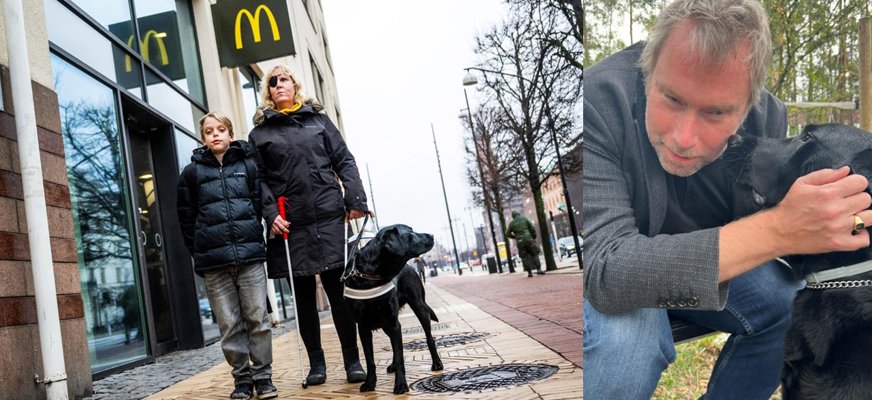 Två ihopsatta bilder. På bild ett syns Helene och hennes son klädda i mörka jackor utanför en McDonald's-restaurang. De ser allvarliga ut. Bredvid står en svart labrador i ledarhundssele. Bild två är en närbild av Jimmy och Quick, som också han är en svart labrador (Quick, inte Jimmy). Jimmy får en nosning (puss?) på kinden av sin hund. I bakgrunden skymtas skog.