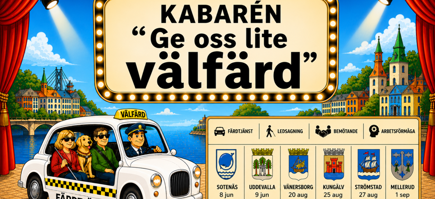 En teaterscen med en vit cabriolet med 2 blinda personer med en ledarhund i mitten. Bilen är vit och körs av en man i uniform. Till höger finns turneplan med kommunvapen för dom 6 kommunerna vi besöker plus datum.