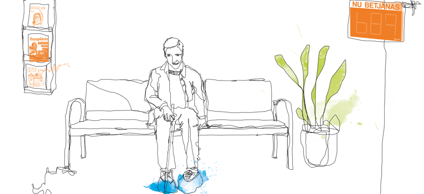 Illustration, man med vit käpp i väntrum, skoskydd, elektronisk tavla visar könummer.