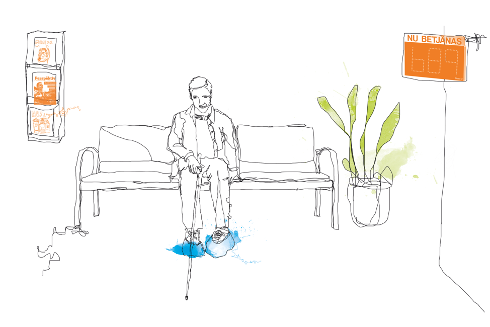 Illustration, man med vit käpp i väntrum, skoskydd, elektronisk tavla visar könummer.
