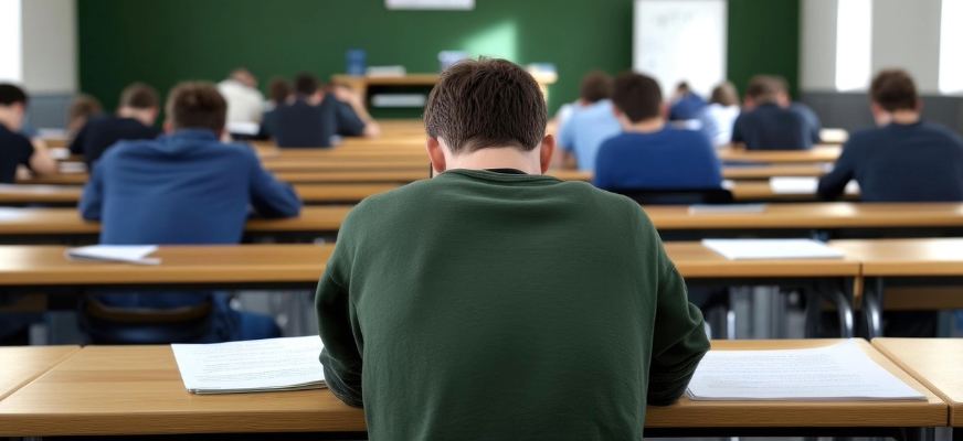 En ryggtavla i ett fullt klassrum. Personen har brunt, kort hår och på skrivbordet framför honom ligger ett texthäfte.