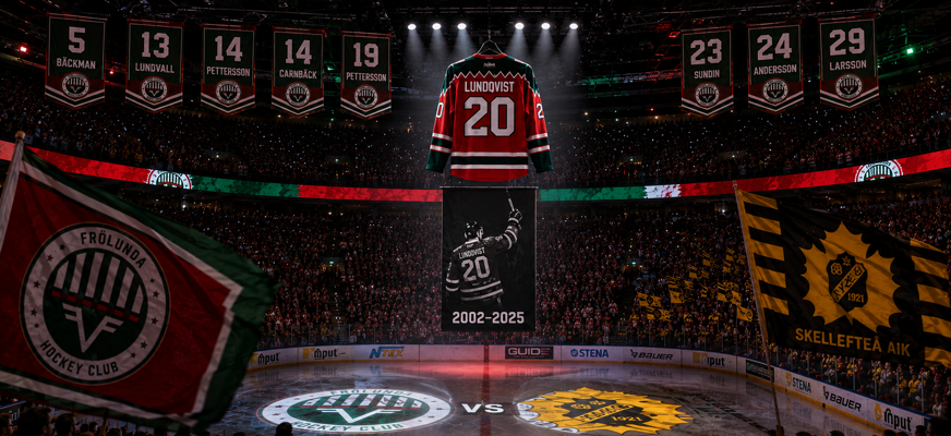 Joel Lundqvists nummer 20-tröja hissas i Scandinavium inför matchen mellan Frölunda och Skellefteå.