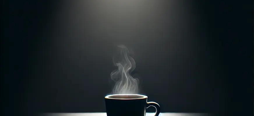 En kaffekopp i ett väldigt mörkt rum, med endast ett svagt spotlight som belyser koppen och skapar en dramatisk atmosfär.