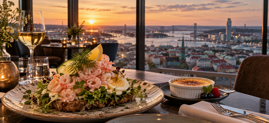 Stor räksmörgås och crème brûlée på ett bord vid panoramafönster, med utsikt över Göteborg i kvällssol.