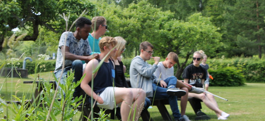 Personer på bänk i sommarmiljö
