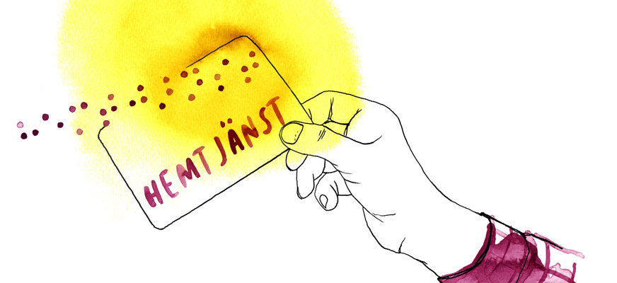 Illustration, hand håller i kort med texten "hemtjänst"