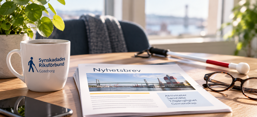 Nyhetsbrev från Synskadades Riksförbund Göteborg på ett bord tillsammans med en vit käpp, mobiltelefon, glasögon och en kaffemugg med SRF Göteborgs logotyp.