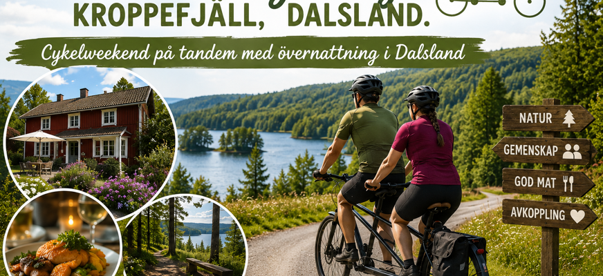 Tandemcykel på en väg med utsikt över en sjö med grön och välfylld skog på båda sidorna. På vänster sida i bilden finns små bilder med Kroppefjäll i fokus.