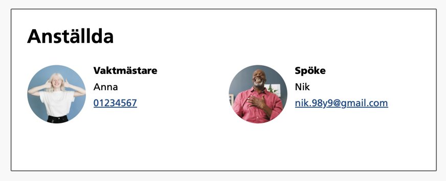 Exempel på personlista: Två anställda som presenteras med porträttbild, titel, namn och telefon/epost.