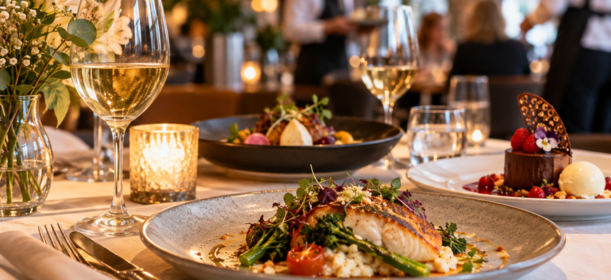 Dukat restaurangbord med vackert upplagda rätter, dessert och glas i varm och trivsam miljö.
