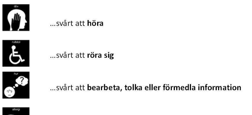 Bilden visar Ikoner som representerar olika funktionsvariationer: svårt att se, höra, röra sig, bearbeta/tolka/förmedla information samt tåla vissa ämnen.