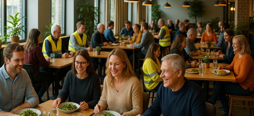 Lunchgäster i avslappnade kläder sitter vid flera bord i en ljus restaurangmiljö. ett trettiotal personer syns, fyra utspridda i gula ledsagarvästar, alla samtalar och äter lunch i en varm och välkomnande atmosfär.”