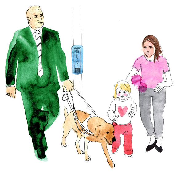 Illustration, Tre personer går över ett övergångsställe. En har ledarhund.