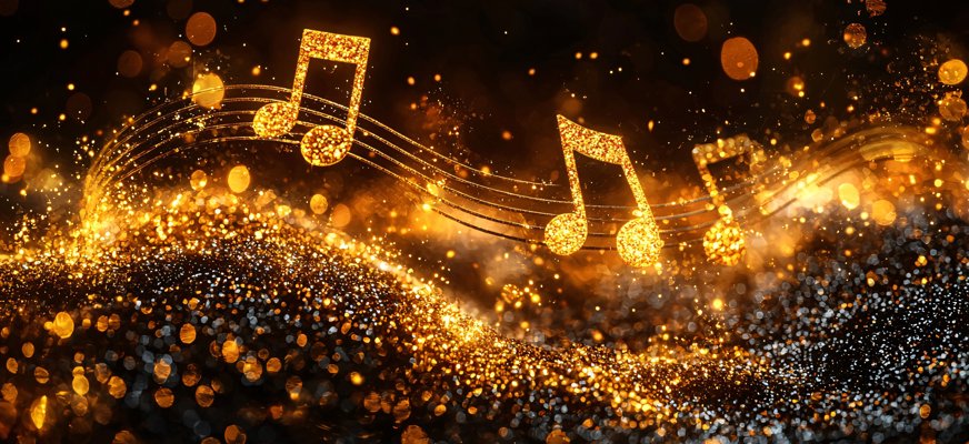 Bild på guldfärgade musiknoter mot en mörk bakgrund